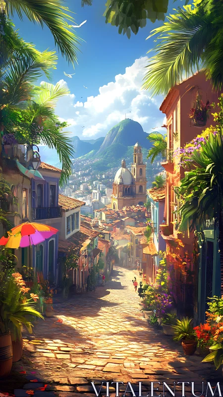 Sunlit hilltop street welcomes a colorful tropical city view