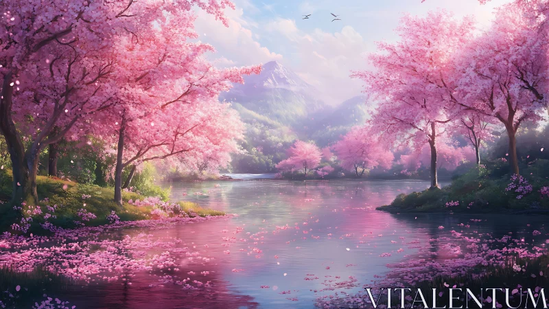 Cherry blossom lake under soft dawn mountain light.