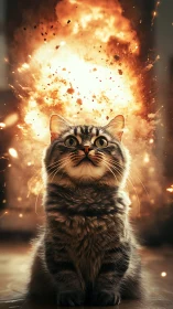 Tabby Cat Positioned Before Large-Scale Explosion Composite.