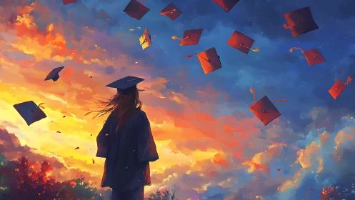 Graduate watches caps soar across blazing painted sky.