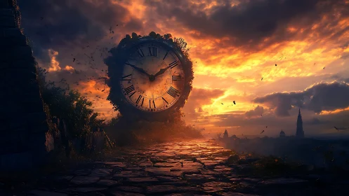 Eroded stone clock tower glows against volumetric sunset sky