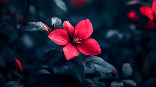 Red Flower With Dark Foliage Against Blurred Background