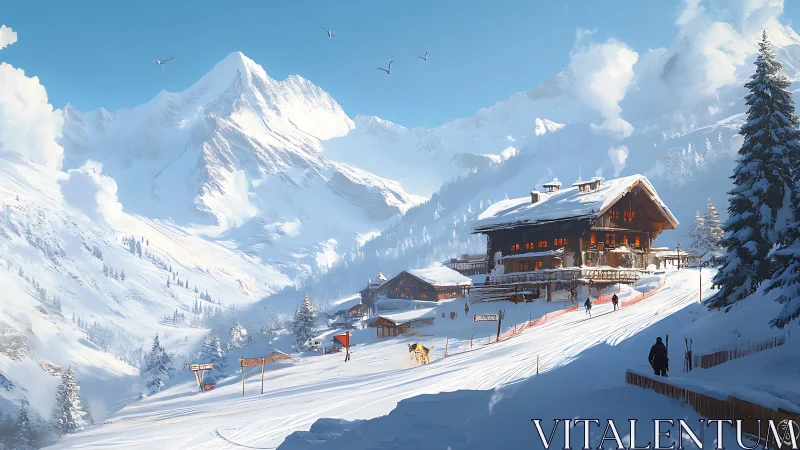 Cozy alpine ski lodge glows warmly below majestic peaks