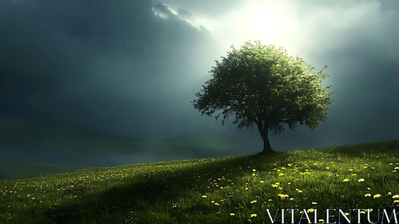 Solitary tree on a sunlit meadow under dramatic cloudy sky, digital art.