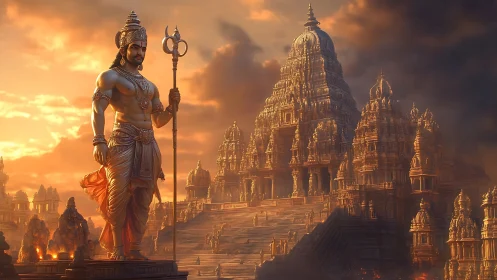 Sunlit warrior towers over a golden temple city in reverence