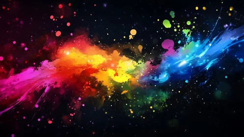 High-saturation nebula of multicolor paint splashes on black