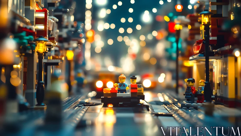 Lego city streetcar at night with glowing bokeh lights.