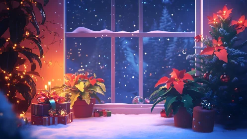 Festive window tableau with poinsettias, gifts and snowfall.