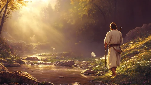 Shepherd walks a sunlit forest stream in tranquil silence.