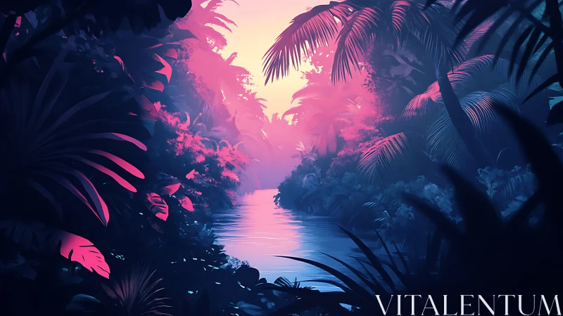 Neon Jungle Waterway. Tropical Paradise. Pink Sky