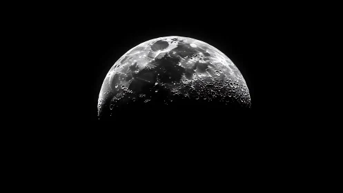 Photorealistic lunar crescent with high-contrast crater relief.