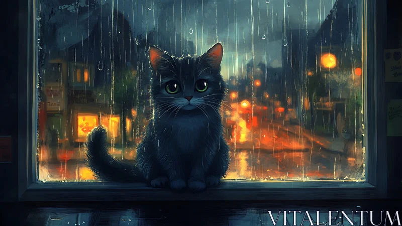 Rain-soaked city lights crown a wide-eyed window cat
