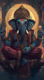 Ornate blue elephant deity seated before radiant gilded halo