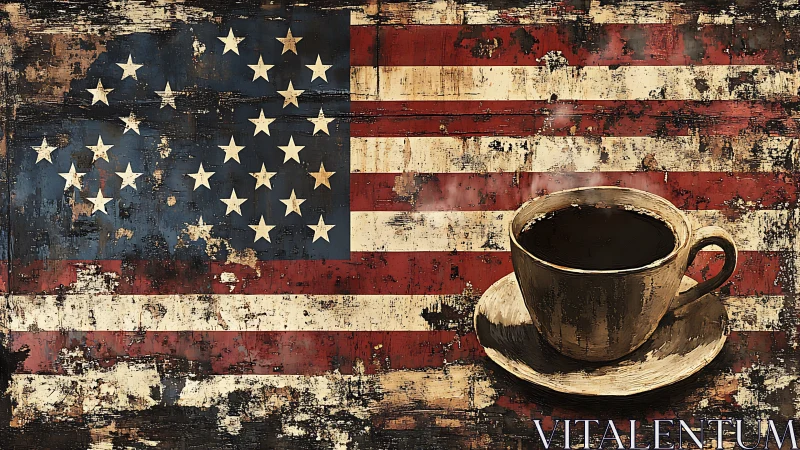 Weathered US flag backdrop integrates textured coffee cup still life