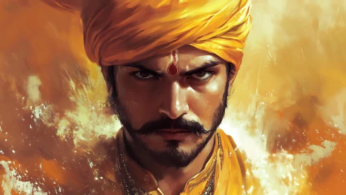 Fiery royal portrait captures intense warrior focus in gold