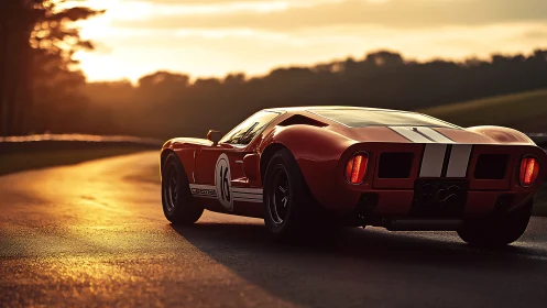 Classic red race car on circuit at low angle sunset light.