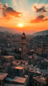 Sunset bathes Middle Eastern city skyline in warm glow.