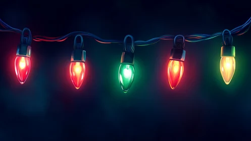 Colorful string lights glowing on dark background.