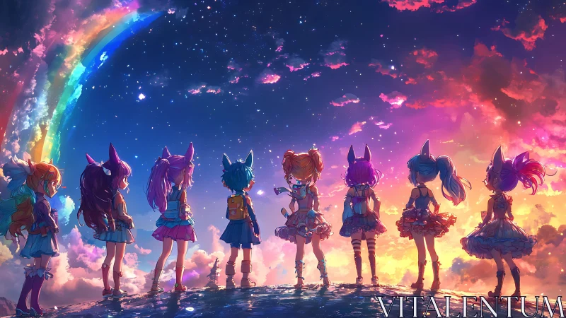 Anime girls stand under rainbow sky at glowing sunset.