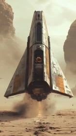 Desert launch tower rockets upward through shrouded dust.