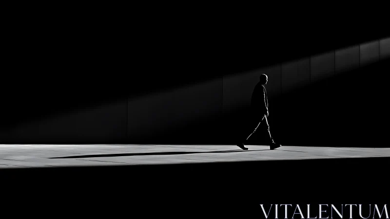 Silhouetted person walks through narrow beam of directional light
