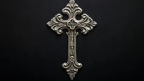 Graceful silver cross with ornate details on deep black.
