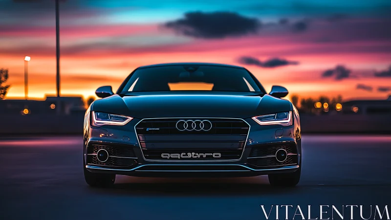 Low-angle frontal Audi quattro under chromatic sunset sky.