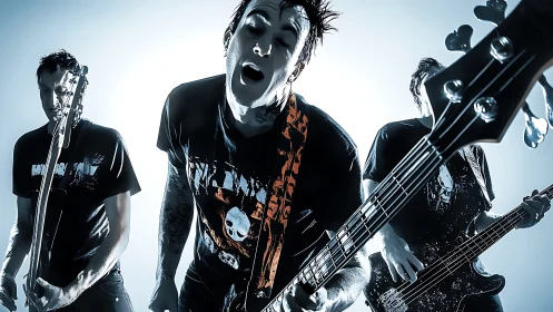 High-contrast rock trio under backlit stage illumination setup.