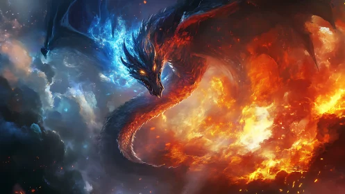 Elemental dragon wreathed in blazing fire and icy storm.