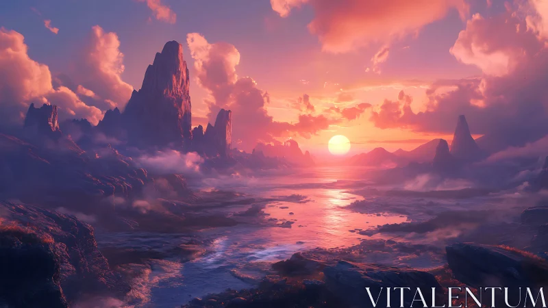 Volumetric sunset over alien coastline with stratified rock spires