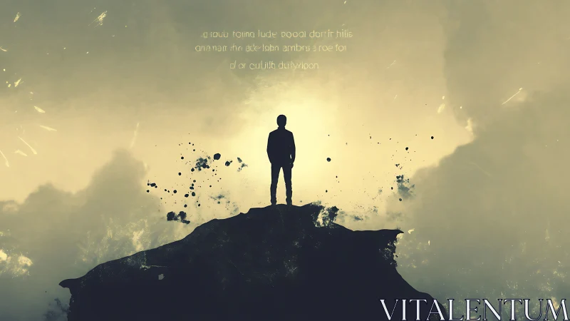 Silhouette stands on jagged peak under glowing storm sky.