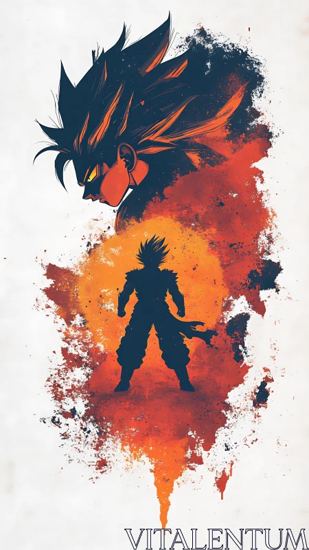 Fiery warrior silhouette rising through splashed orange energy.