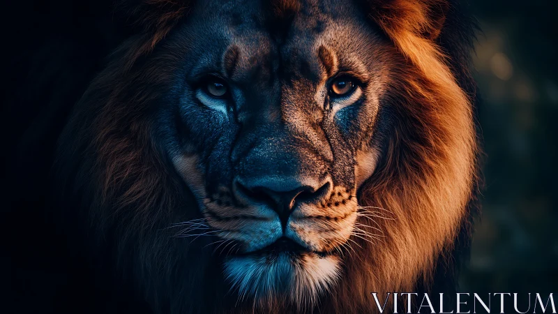 Photorealistic low-key lion portrait with dramatic rim lighting.