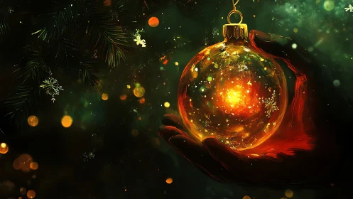 Hand holding glowing Christmas ornament in dark scene.