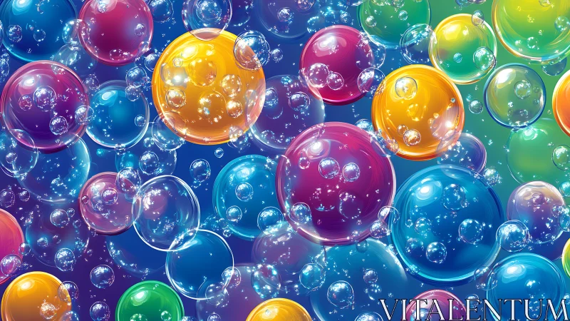 Colorful translucent bubbles overlap against deep blue field