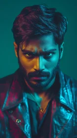 Intense male portrait in teal and amber split lighting setup.