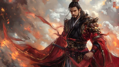 Firelit warrior prince stands calm amid swirling embers