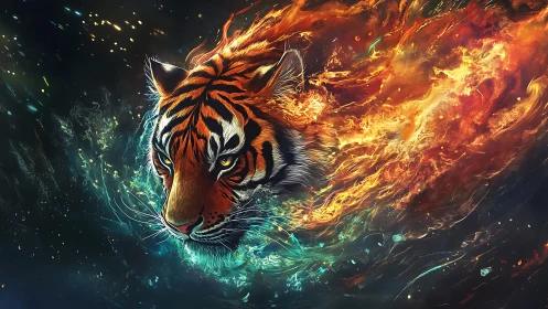 Digital painting of elemental tiger in dynamic bilateral motion.
