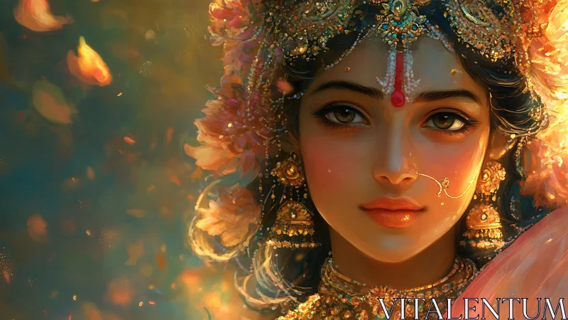 Ornate digital portrait of woman in golden floral adornment.