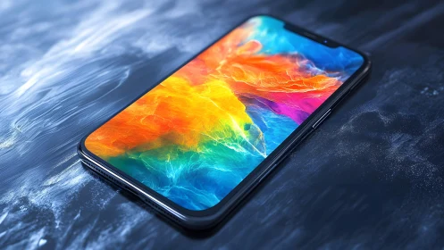 Modern smartphone with vibrant abstract wallpaper on dark surface.