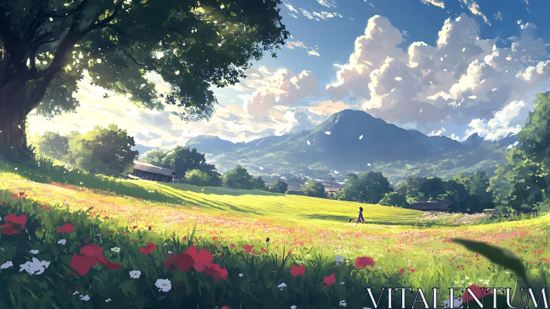 Person walks across bright meadow under distant mountains