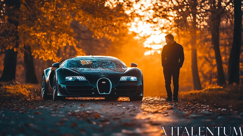 Supercar on forest road in golden autumn sunset glow.