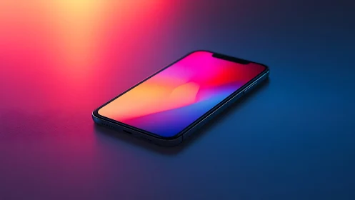 Modern smartphone displaying gradient display on reflective surface.