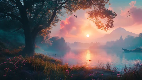 Sunset light over calm lake with tree and mountains.