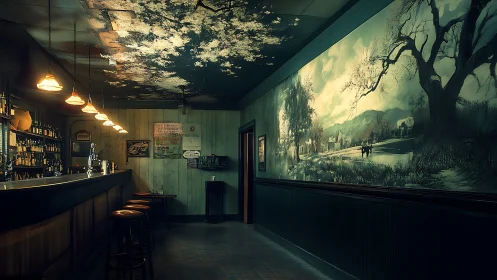Ceiling clouds drift over a quiet bar and painted countryside