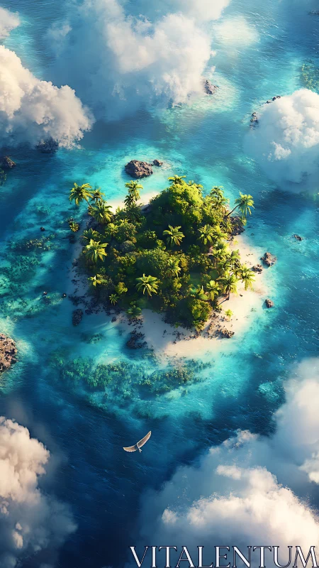 Tropical island surrounded by turquoise ocean and clouds.