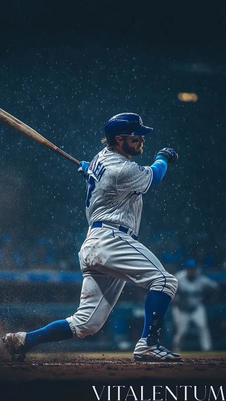 Right-handed baseball batter swinging in rainy stadium.