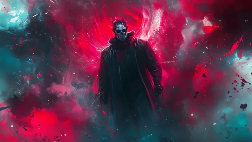 Masked figure stands in chromatic red and teal cloud field