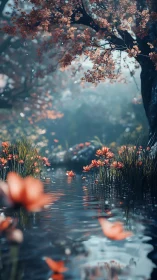 Gentle forest creek shimmers beneath blooming scarlet canopy