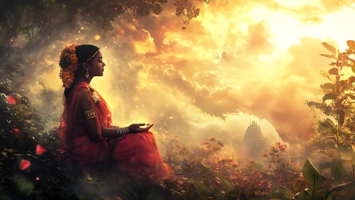 Golden forest meditation beside a distant dream temple.